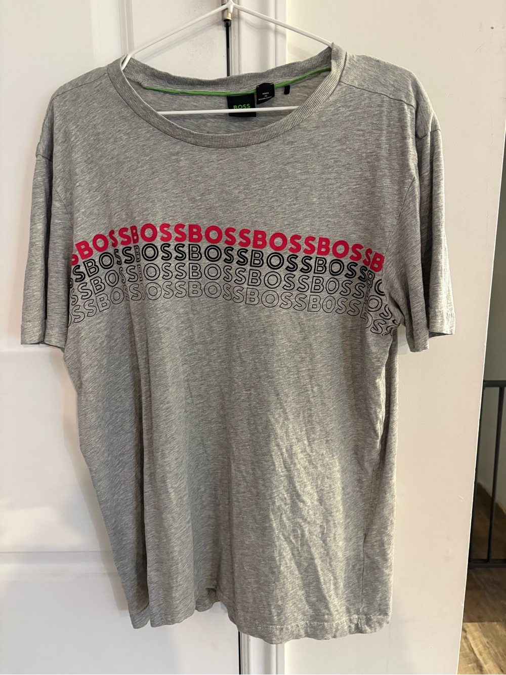 BOSS Grey Short-Sleeve Tee with Red Logo Band